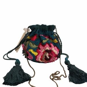 Handmade in India Boho Beaded Floral Drawstring Bag